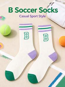 1/5 Pairs Letter B Graphic Striped Cuff Crew Socks, Color Block Toe & Heel, Soft Cotton Preppy Sporty Mid-Calf Socks For Women Daily Wear - Multicolor - View 9