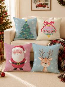 4 pièces Housses de coussin décoratif Père Noël, renne et sapin de Noël, imprimées sur un seul côté en tissu peluche, 45*45/50*50/40*40CM. Décorations pour la maison, salon moderne minimaliste, cadeau, fête - Multicolore - Voir 1