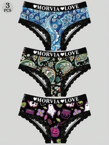 Morvia 3‑Pack Halloween Mixed‑Print Women Briefs, Ghost Cauldron Paisley Pattern Letter Waistband & Lace Edge Underwear - Multicolor - View 2