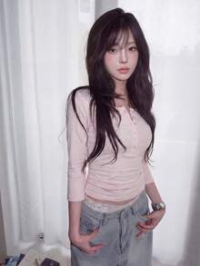 Women's Solid Color Casual Button Half Sleeve Henley T-Shirt - Pink - View 4