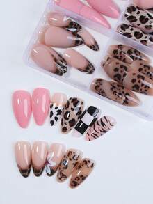 96pcs Almond French Leopard & Cow Print Press-On Nails Set, Includes 1pc Jelly Glue And 1pc Nail File, Autumn Nails, Removable And Reusable, Suitable For Women And Girls For Daily Work, Study And Party Use - Multicolor - View 3