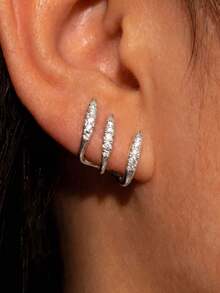 1 Pair Fashionable Minimalist Copper Rhinestone Curved Ear Clips Earrings, Suitable For Women's Daily Commute, Date, Street Style, Versatile - Silver - View 3