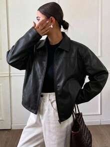 Livesso Solid Zip Through PU Leather Jacket Fall - Black - View 1