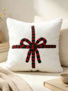 1pc White Christmas Bow-Embroidered Throw Pillow Cover – Soft Autumn/Winter Sofa Cushion Cover, Festive Holiday Decor, Machine Washable, Invisible Zipper, 17.7 X 17.7 Inches (45 X 45 Cm), Pillow Insert Not Included - White - View 6
