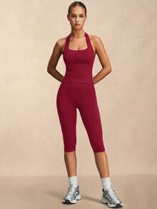 VVX Woman Yoga Set Sports Halter Neck U‑Crop Tank Top & Capri Leggings, Soft Athleisure Workout Gym Outfit - Red - View 8