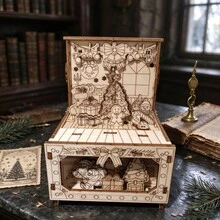 1Pc, 9.2*8*11.5cm 3D Puzzle Self Assembly Wooden Music Treasure Box, Vintage Natural Wood Engraved Pattern House Shape Hand Crank Musical Box For Christmas Holiday Decor - Brown - View 6