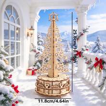 1pc Multi-Layer Hollow Carved Wood 3D Puzzle Christmas Tree Music Box, Retro Style, Snowflake Engraved Pattern, Tree Shape With Star Top, Rotatable Mechanism, Adult Puzzle, Tabletop Ornament For Xmas Decoration & Holiday Gift - Brown - View 9