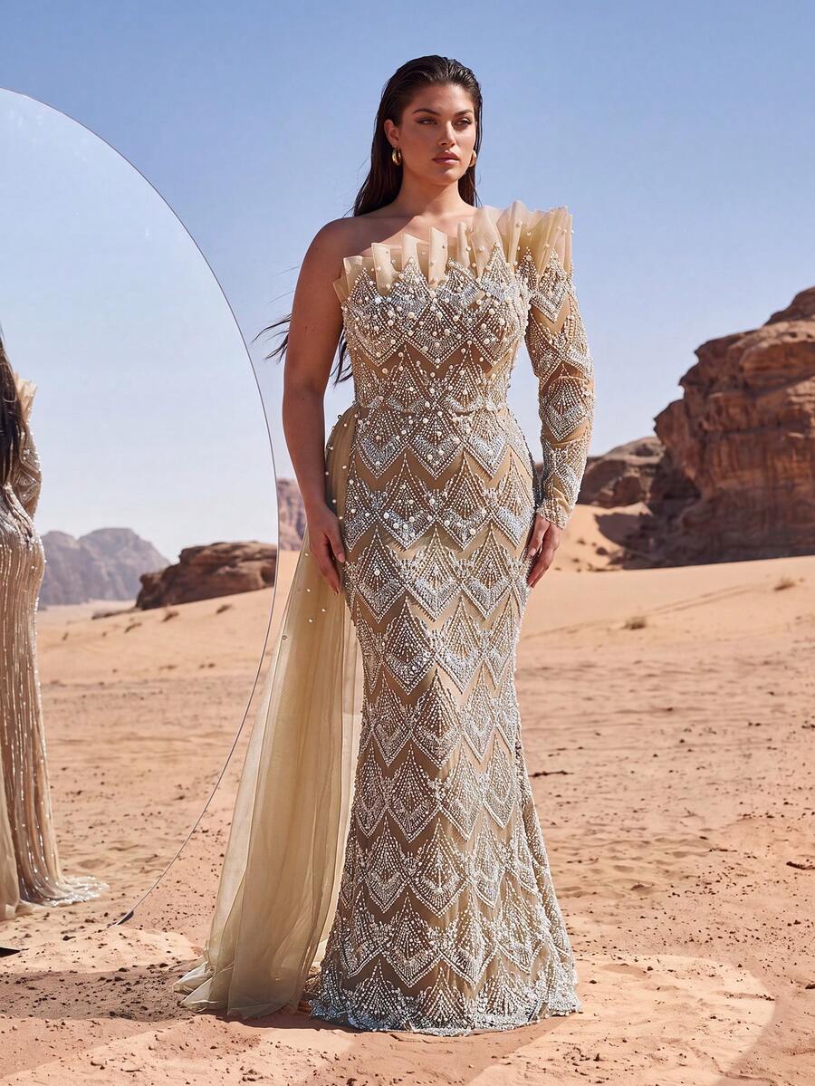 LUVISTRUE Plus Size Women's Heavy Beaded Sequin Mesh Formal Evening Gown, Sexy Backless Mermaid Ball Gown, Wedding Guest Spring/Summer Cocktail Maxi Dress - Champagne - View 1