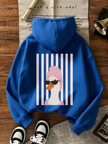 Autumn Casual Lightweight Hoodie, Back Printed With Fashion Glasses Duck Pattern, Vertical Stripe Background, Y2K Basic Style - Multi-blue 1 - View 1