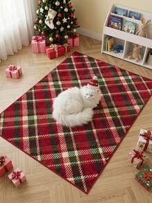 1pc Red & Green Christmas Plaid Square Rug, Christmas Holiday Decor Mat, Living Room Carpet, Area Rug, Home Decor, Large Rug, Room Decor, Washable Carpet, Halloween, Christmas, Thanksgiving Gift - A - View 6