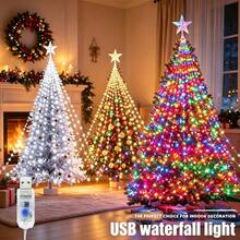 USB Christmas Tree Star Waterfall Lights, Popular Holiday Decoration Lights, Comes With Star-Shaped Hanging Ornaments, String Lights Create A Beautiful Waterfall Lighting Effect. Available In Three Specifications, 2M 196LEDs Version With 9 Strands Of Lights, Multiple Strands Of Lights Hanging Down In Layers. USB Powered Design, Plug And Play, Compatible With Power Banks, Adapters, Computer USB Ports - USB Christmas Tree Star Waterfall Lights - View 9