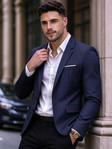 Men's Casual Lapel Single-Breasted Blazer, Elegant Suit Jacket For Spring And Autumn, Suitable For Weddings, Banquets, Business Meetings, Urban Dandy Style - Navy Blue - View 1