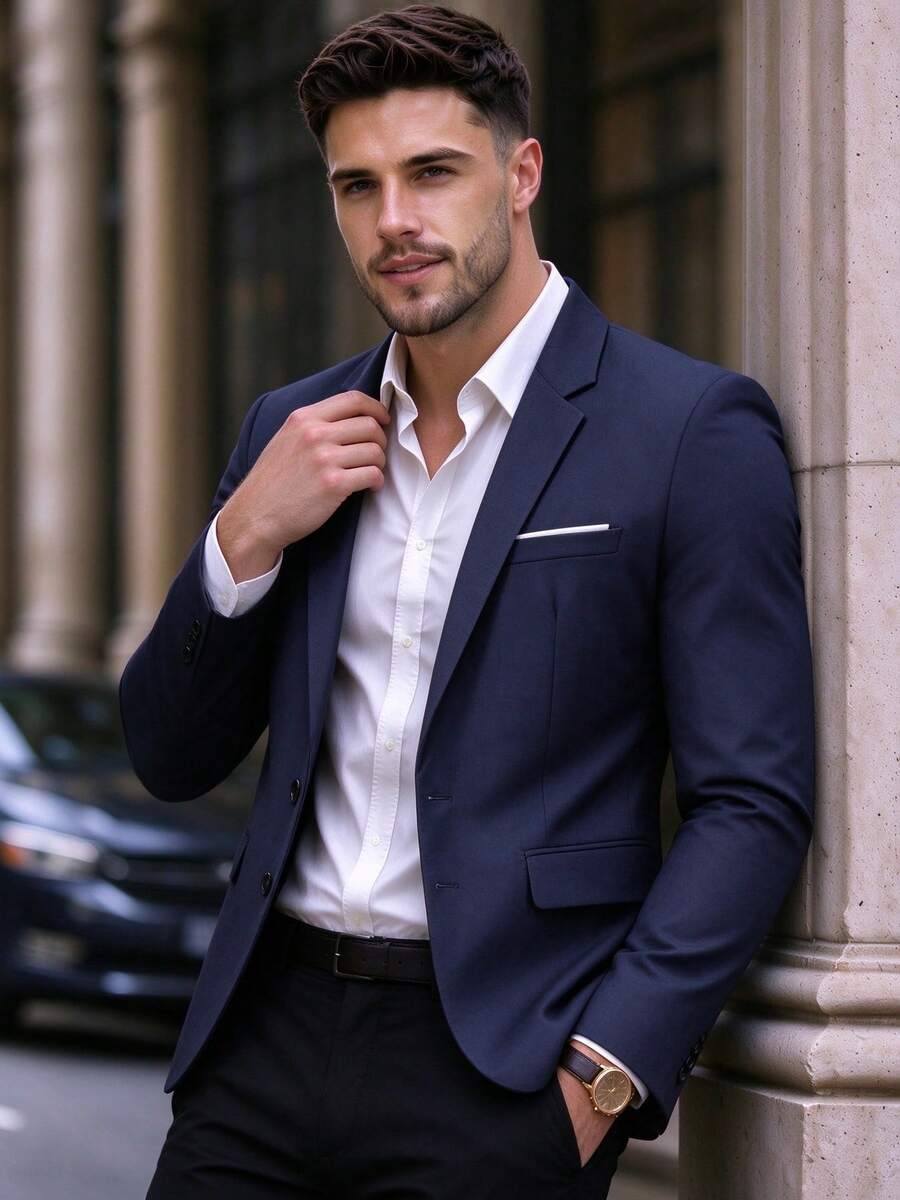 Men's Casual Lapel Single-Breasted Blazer, Elegant Suit Jacket For Spring And Autumn, Suitable For Weddings, Banquets, Business Meetings, Urban Dandy Style - Navy Blue - View 1