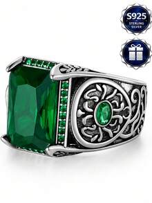 1pc S925 Sterling Silver Bohemian Vintage Carved Men's Wide Band Ring, Distressed Craftsmanship Luxury Ring - Silver - View 6