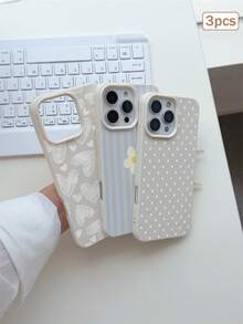 3件裝波點愛心條紋元素 TPU 防摔全包覆精準保護手機殼，適用於 Apple 11/12/13/14/15/16/17 Pro Max - 彩色 - 查看 5