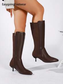 Women's Patchwork Pointed Toe Stiletto High Shaft Boots, Side Zip Fashion Autumn/Winter Tall Boots - Coffee Brown - View 6