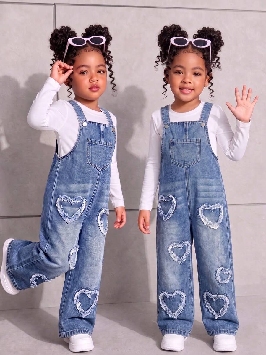 Girls' Heart Patch Embroidered Brushed White-Sprayed Vintage Sweet Cute Denim Overalls, 1pc, Autumn/Winter - Medium Wash - View 1