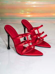 Women's Red Decorative Pyramid High Heel Mule Sandals, Glamorous Party High Heel Slippers - Red - View 2