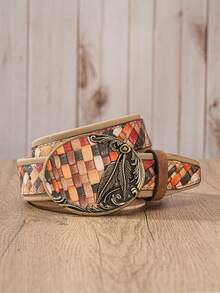 1pc American Western Style Colorful Patchwork Large Buckle Belt, Men's And Women's Unisex PU Leather Contrast Color Belt - BH1261 - View 5