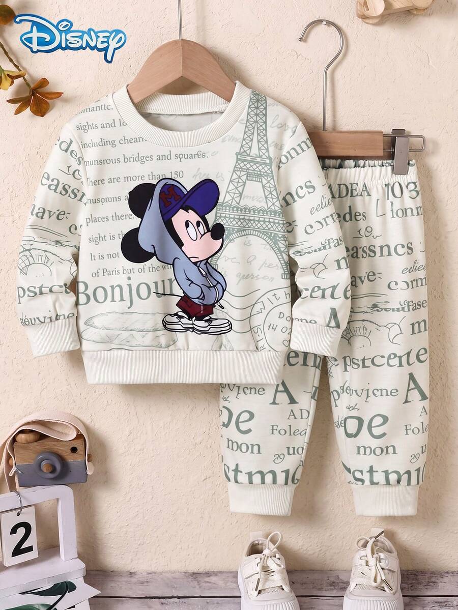 2pcs Disney Autumn Baby Boy Mickey Street Paris Eiffel Tower Print Cute Long Sleeve Ribbed Sweatshirt Olive Green Sweatpants Set Cartoon Pattern Slight Stretch Suitable For Infants Newborns Daily Wear Spring Gift - Olive Green - View 1