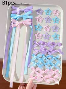 19/1pc Girls Dopamine Color Fabric Ribbon Bow Hair Clip Back Of Head Hair Accessory Super Fairy Ribbon Small Bow Hair Clip Five-Pointed Star BB Clip Hair Accessory Daily Use - Multicolor - View 8