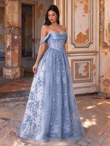 Autumn/Winter Elegant Cold Shoulder Heart-Shaped Neckline Satin Contrast Lace Fitted Corset A-Line Long Bridesmaid Dress, Formal Evening Gown For Party, Wedding Guest, Ball - Dusty Blue - View 3