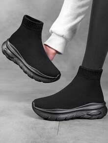 1 Pair Solid Color EVA (Ethylene-Vinyl Acetate Copolymer) Ribbed Knit Casual Sports Women's Shoes, Mid-Top, Suitable For Home Wear In All Seasons - Black - View 2
