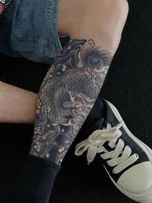 1Pc Men Tattoo Fake Traditional Temporary Tattoos Japanese Semi Permanent Tattoo Waterproof Sweatproof Last For 1-2 Weeks Realistic Herbal Juice Anti-Friction Non-Reflective Black For Leg Arm - HE - View 3