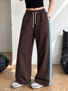 1pc Girls Teenager Casual Loose Straight Leg Wide Leg Pants With Side Stripe Design, Relaxed Outdoor Sports Style, Versatile Daily Commute Long Trousers - Brown - View 4