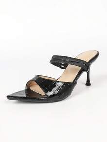 Black Embossed Shiny Double Strap Pointed Toe Stiletto Mule Heels, Slip On Party Sandals For Women - Black - View 9