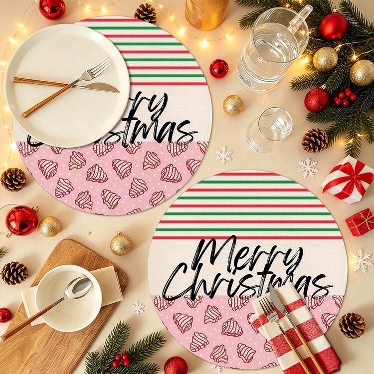 2pcs/4pcs/6pcs/8pcs Christmas Pattern Happy Holiday Kitchen Dining Table Placemats Round Table Mats Round Tablecloth Holiday Tabletop Decor 13.7in X 13.7in Seasonal Home Decor Round Design Holiday Decoration Thickened Linen Material - Multicolor - View 6