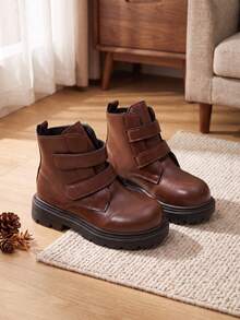 1 Pair Girls' Brown Double Hook & Loop Ankle Boots, Simple Retro Thick Sole Kids' Work Boots, Versatile Boots For Little Girls' School And Daily Outings In Autumn/Winter - Coffee Brown - View 2