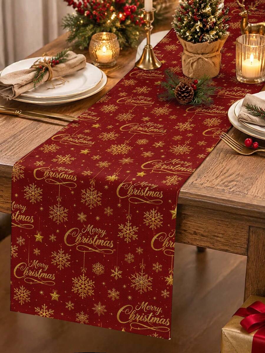 Christmas Table Runner, Pillow Case, Placemat, Red Gold Foil Snowflake Merry Christmas Letter Print, Winter New Year Party Dining Table Decor, Home Holiday Decoration - Multicolor - View 1