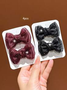 4pcs Black + Burgundy Bow Hair Clips Sweet Style Hair Accessories Suitable For Daily Wear - Multicolor - View 2