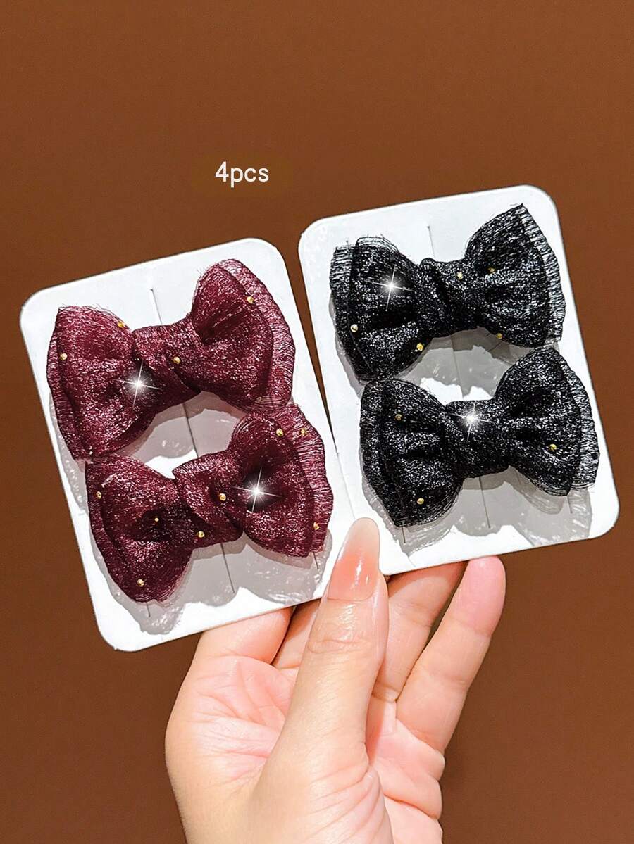 4pcs Black + Burgundy Bow Hair Clips Sweet Style Hair Accessories Suitable For Daily Wear