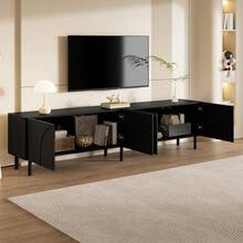 3D Curved Lines, TV Cabinet Lowboard, Four, Two Separate Storage Compartments, Metal, Living Room - Black + MDF + Particle Board - View 8