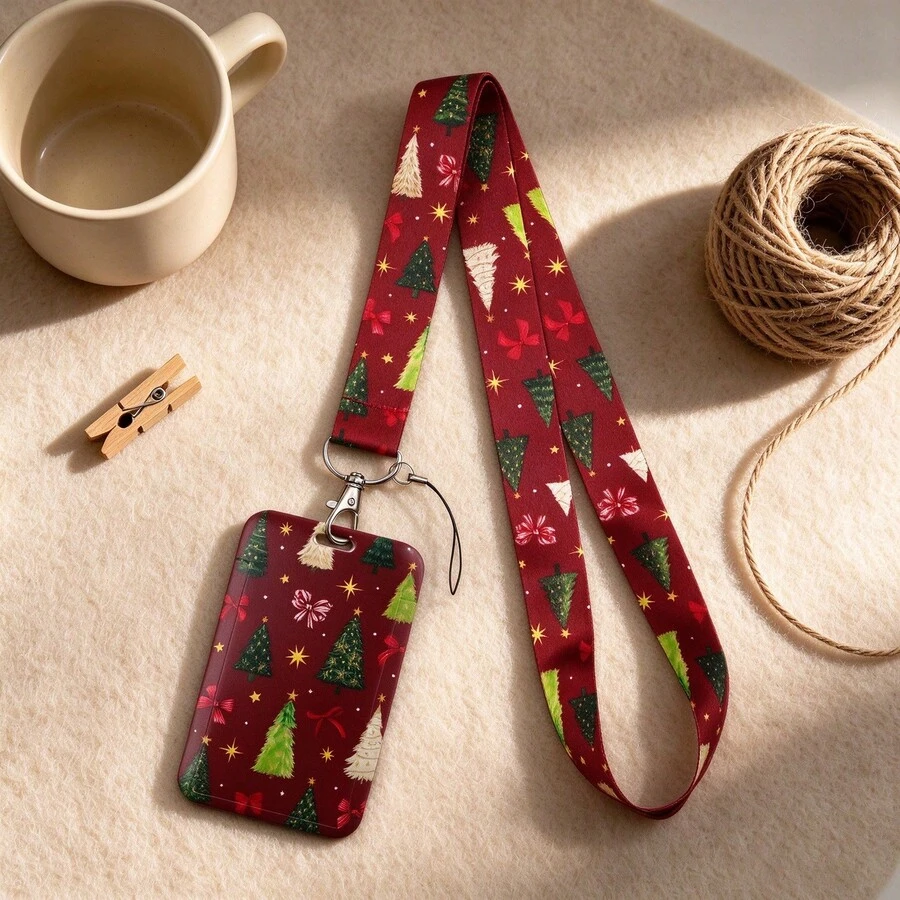Red Christmas Tree Pattern Lanyard Card Holder, Durable Neck Strap With ID Holder, Portable Name Tag Holder, Christmas Holiday Gift Accessory - Multicolor - View 1