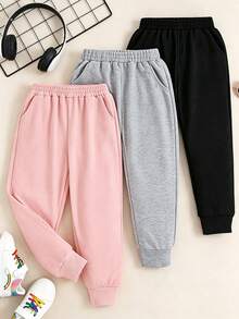 3pcs/Set Girls Solid Color Joggers, Elastic Waist Side Pockets Ribbed Cuffs Casual Sports Pants - Multicolor - View 1