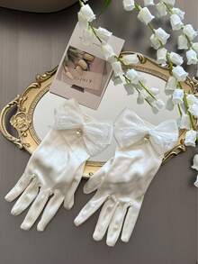 1 Pair Girls Spring/Summer Thin Lolita Bride Cosplay Lace Gloves With Bowknot, Versatile - White - View 2
