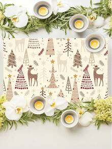 2/4/6Pcs Christmas Placemat, Neutral Boho Reindeer & Xmas Tree Print Linen Table Mat, Winter Holiday Table Decor For Dining Table, Farmhouse Rustic Xmas Party Kitchen Tabletop Decoration, Holiday Season Table Accessory - White - View 4