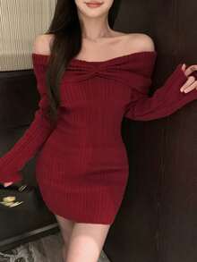 Off-Shoulder Solid Color Knit Dress For Christmas, Autumn And Winter - Red - View 6