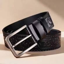 Carved Vintage Personalized Business Belt, Fashion Denim Belt, Thick Metal Buckle, Smooth Comfortable Scratch-Resistant Wear-Resistant Buckle, Premium Exquisite Embossed Tang Grass Pattern Leather Body, Personalized Bold Design, Suitable For Daily Outings And Formal Occasions, Suitable For Suits, Denim Jeans And Various Pants, Suitable As Birthday Gift For Father, Friend, Husband - Black - View 4