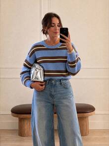 Plus Size Women's Striped Knit Pullover Sweater, Regular Fit Long Sleeve Round Neck Top For Autumn/Winter - Dusty Blue - View 9