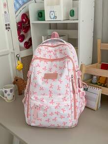 Backpack + Pink Bow Print School Backpack + Multi Pocket Water Resistant Storage + For Teen Daily Study Cute Lightweight Adjustable Strap Rucksack - Multicolor - View 5