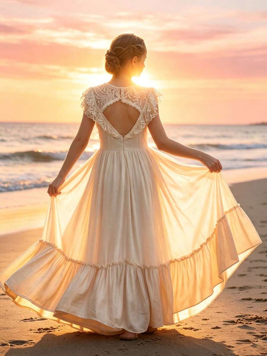 Tween Girl Flutter Sleeve Back Cutout Lace Patchwork Flower Girl Wedding Party Vacation Dress - Beige - View 1