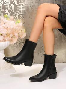 Women's Thick Sole Ankle Boots, Fitted Boots, French Style High Heel Ankle Boots, Suitable For Autumn/Winter - Black - View 4