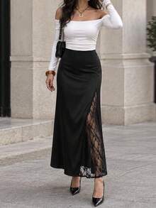 Ladies' Elegant Black Lace Patchwork Hem Long Skirt For Autumn And Winter, Versatile For Daily Wear, Suitable For Daily Commuting And Evening Dates. - Black - View 5