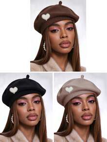 Merlader Style Beret For Women, Autumn And Winter, Heart Pearl Knit Beret Hat, Japanese Retro, Versatile, Face-Slimming, Octagonal Hat, Pumpkin Hat - Multicolor - View 13