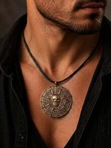 1pc Fashionable Personalized Dark Style Pirate Skull Compass Coin Amulet Pendant Necklace, Men's Gift Choice - Multicolor - View 1