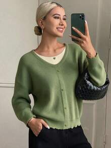 Livesso 拼接 2 合 1 寬鬆圓領長袖鈕扣裝飾休閒度假針織套頭毛衣 女款 秋冬 - 綠色 - 查看 4